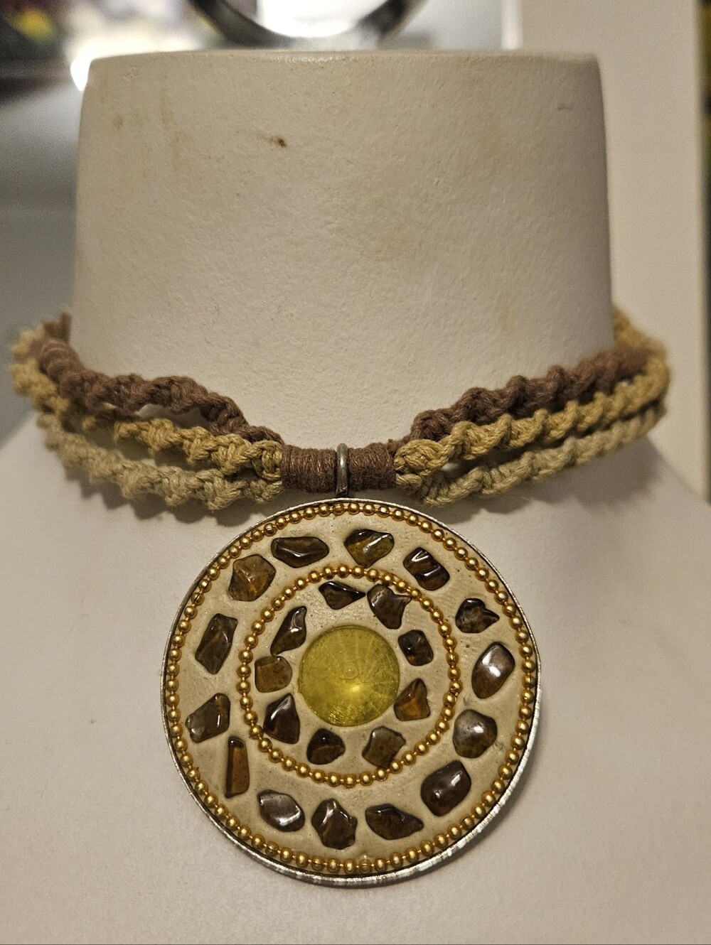 Handmade Woven Hemp * Glass Mosaic Pendant * Choker Necklace